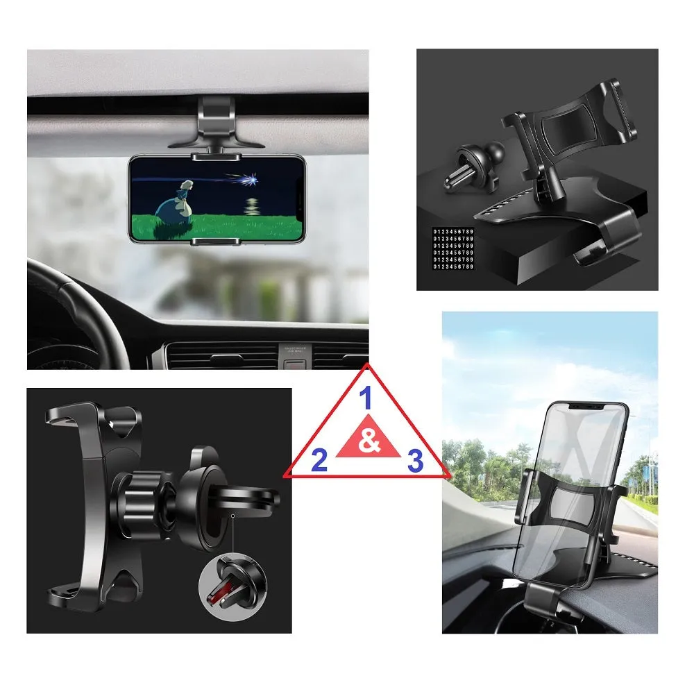 3 in 1 Car GPS Smartphone Holder: Dashboard / Visor Clamp   AC Grid Clip for BLU Grand Energy - Black