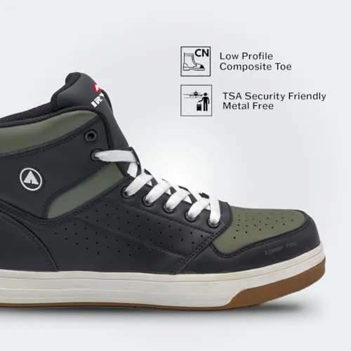 Airwalk Arena Mid Top Composite Toe Men’s Industrial Work Shoes, Black/Olive, Size 10, Medium, Comfortable & Light Work Shoes for Men, Electric Hazard, Slip Resistant