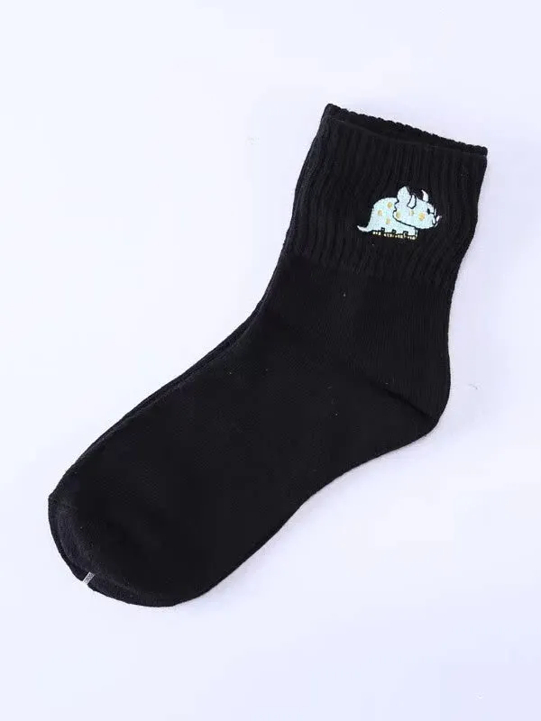 Caramel/White/Black Cute Rhino Embroidered Calf Socks