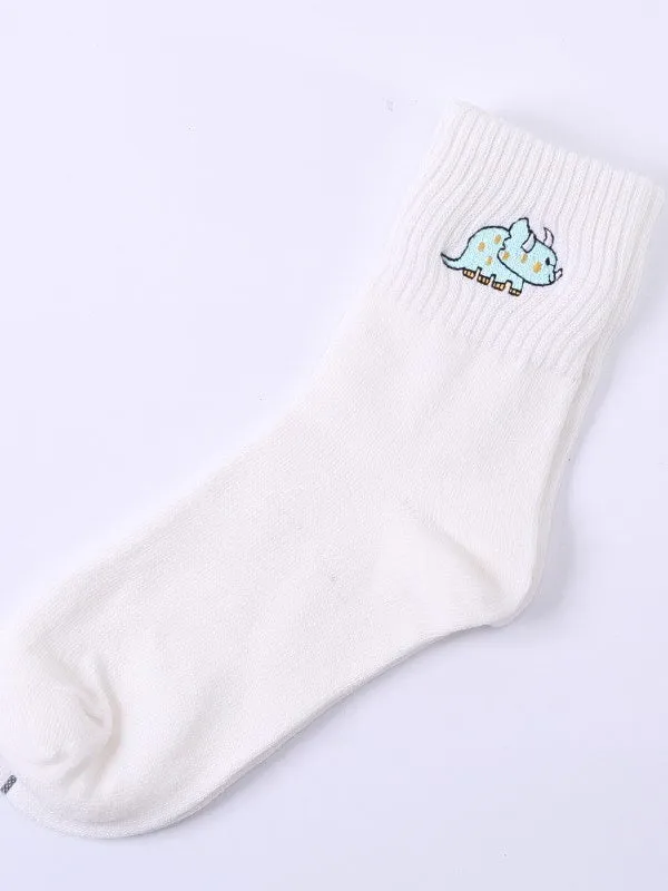 Caramel/White/Black Cute Rhino Embroidered Calf Socks