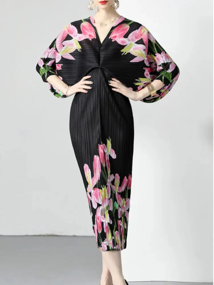 GVUW Pleated Dress For Women V-neck Print Flowers Batwing Sleeve Loose 2023 Summer Female Fashion Elegant New Clothing 17J1364