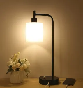 Industrial Table, Bedside Nightstand Lamp with Stepless Dimmable Vintage , 2 USB Charge Ports with Glass Shade