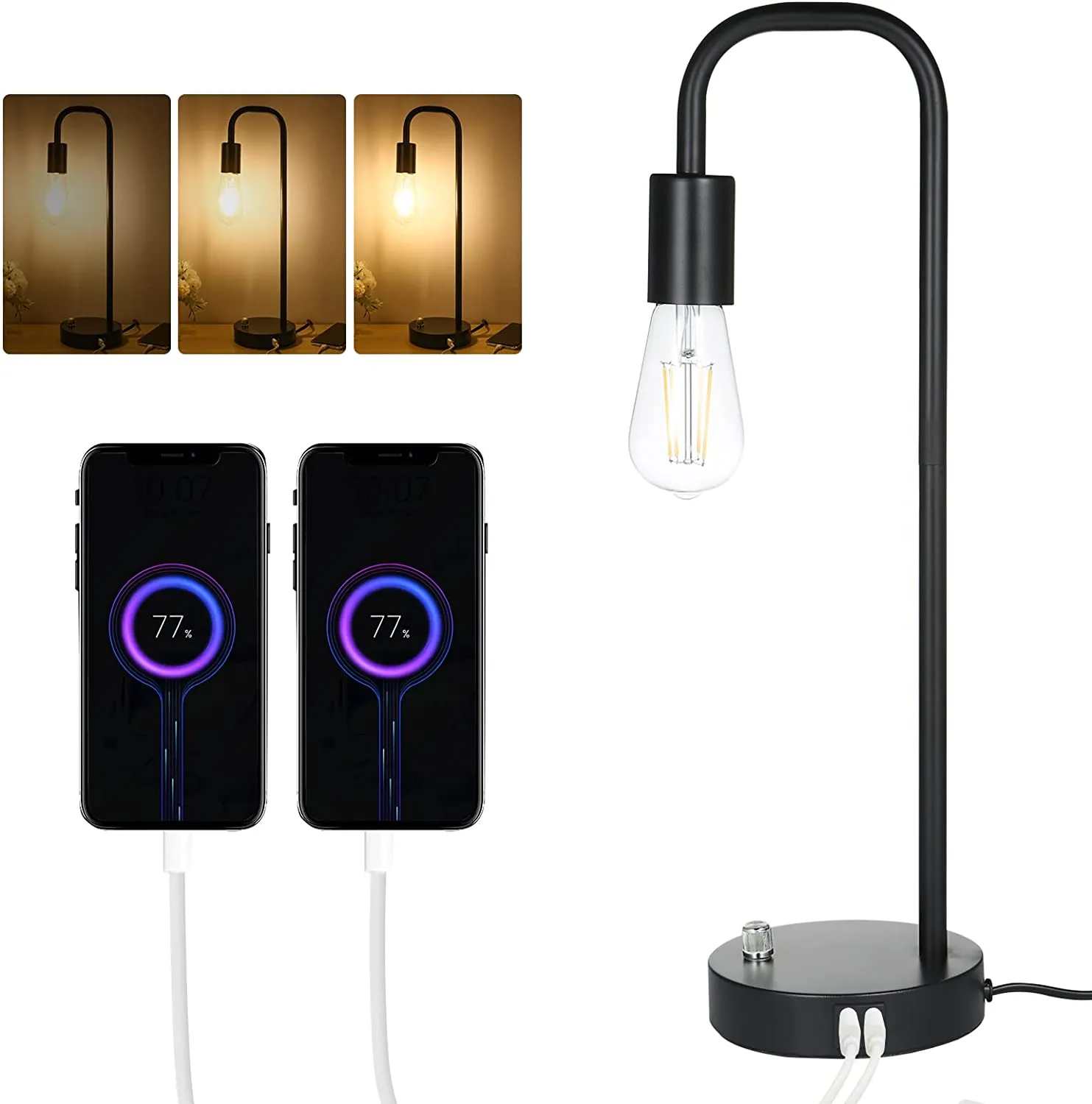 Industrial Table, Bedside Nightstand Lamp with Stepless Dimmable Vintage , 2 USB Charge Ports with Glass Shade