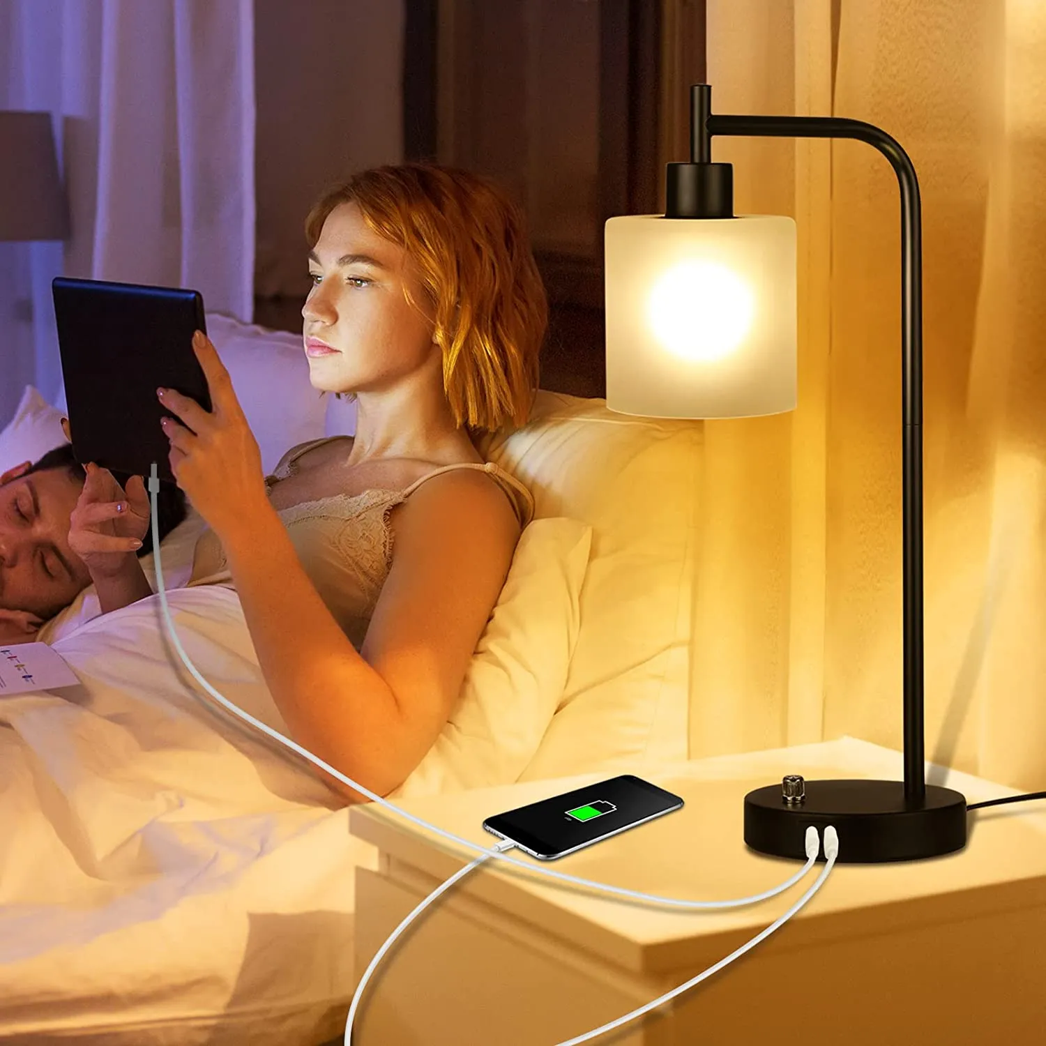 Industrial Table, Bedside Nightstand Lamp with Stepless Dimmable Vintage , 2 USB Charge Ports with Glass Shade