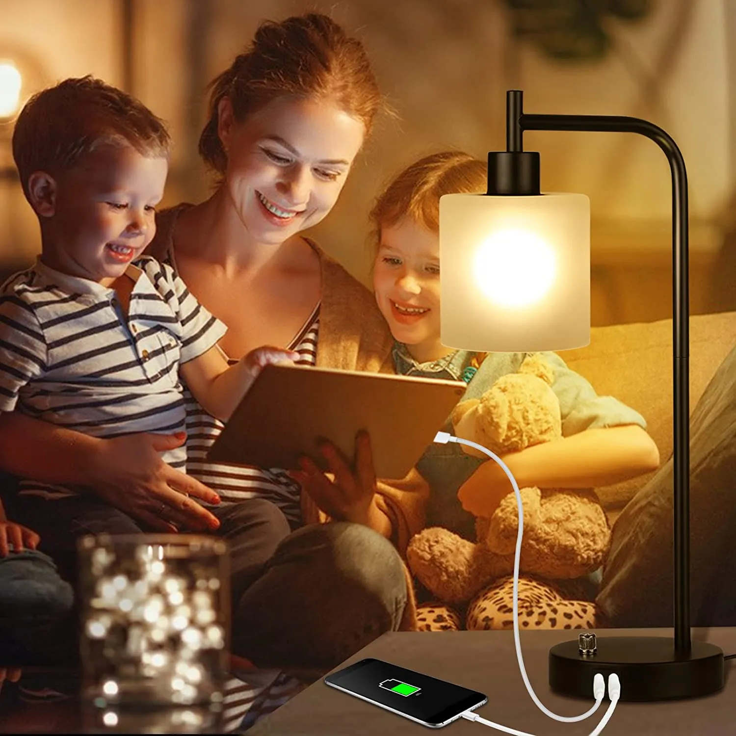Industrial Table, Bedside Nightstand Lamp with Stepless Dimmable Vintage , 2 USB Charge Ports with Glass Shade
