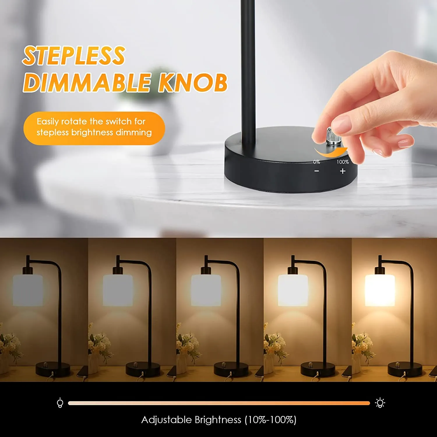 Industrial Table, Bedside Nightstand Lamp with Stepless Dimmable Vintage , 2 USB Charge Ports with Glass Shade