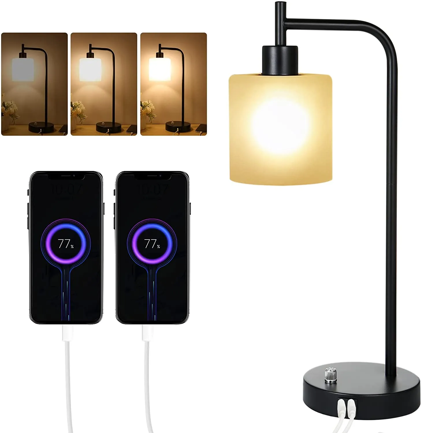 Industrial Table, Bedside Nightstand Lamp with Stepless Dimmable Vintage , 2 USB Charge Ports with Glass Shade