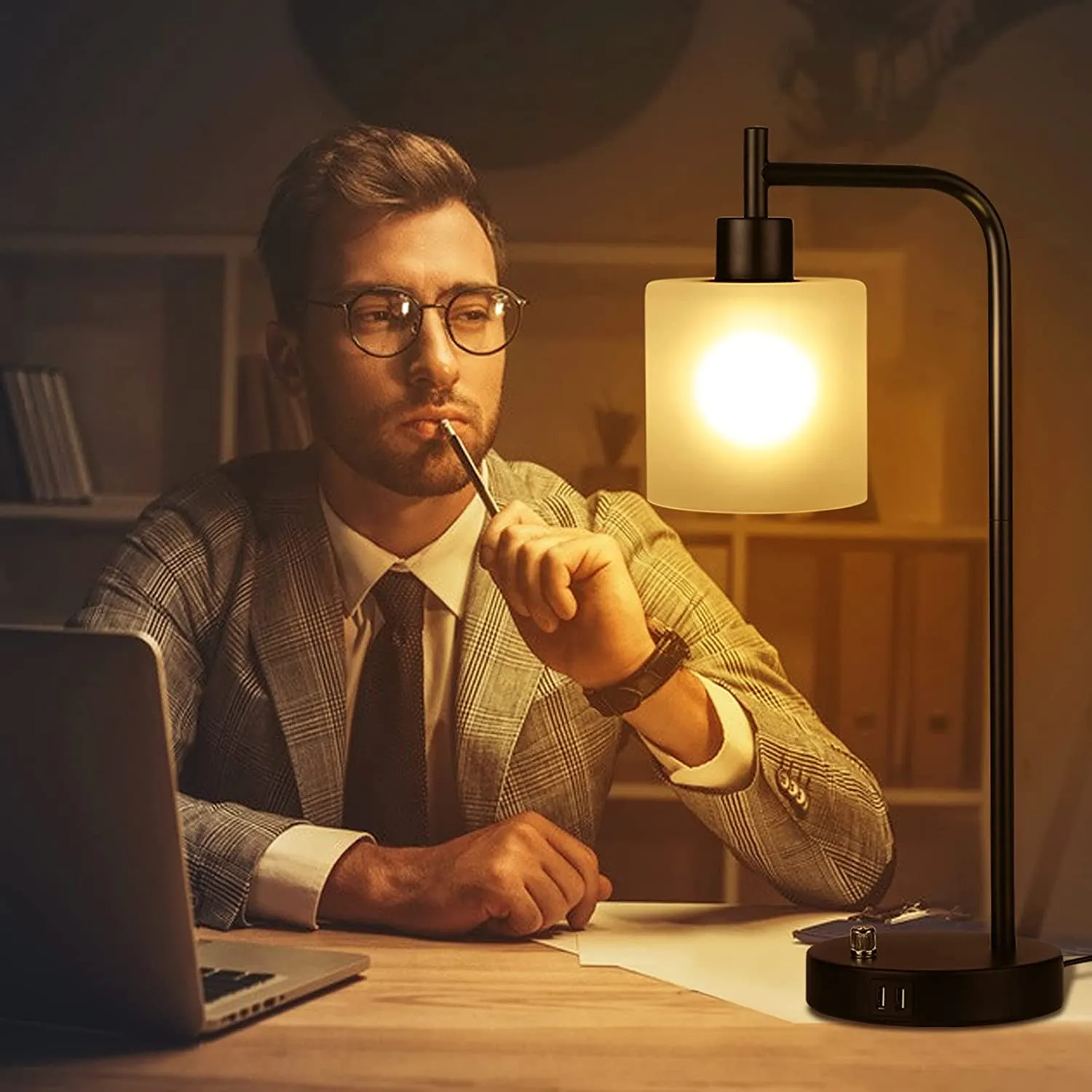 Industrial Table, Bedside Nightstand Lamp with Stepless Dimmable Vintage , 2 USB Charge Ports with Glass Shade