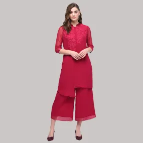 Pink Georgette Tunic With Rose Embroidery At The Neck