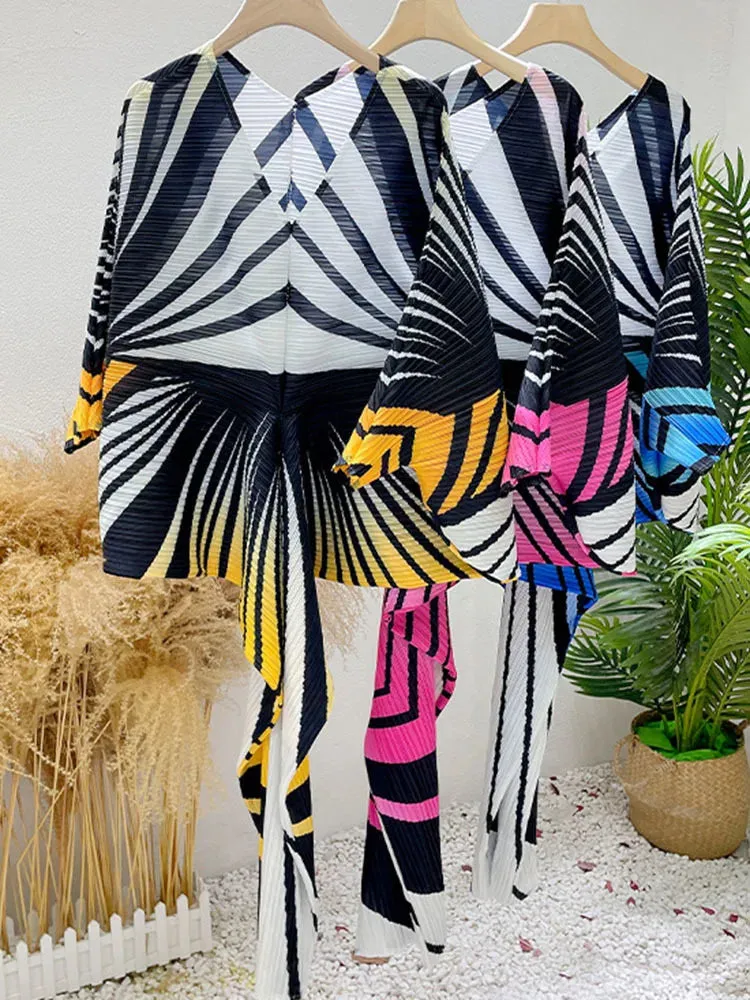 Zebra Stripes Pleated Dress Women Batwing Sleeves V  Neck Long Length  Party Dresses