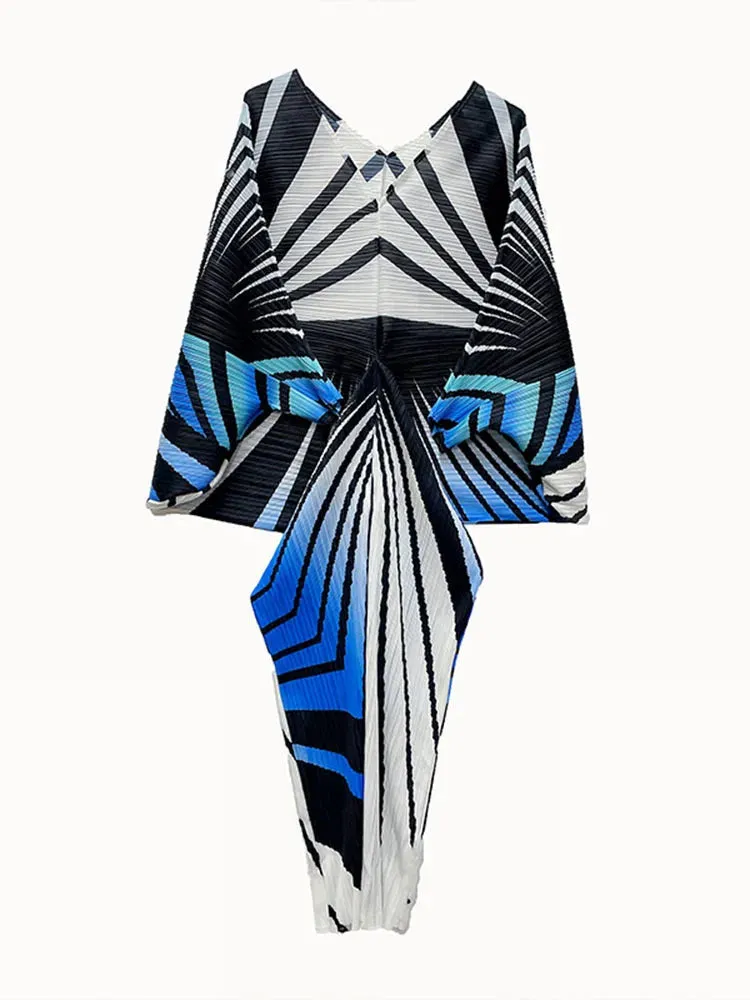 Zebra Stripes Pleated Dress Women Batwing Sleeves V  Neck Long Length  Party Dresses